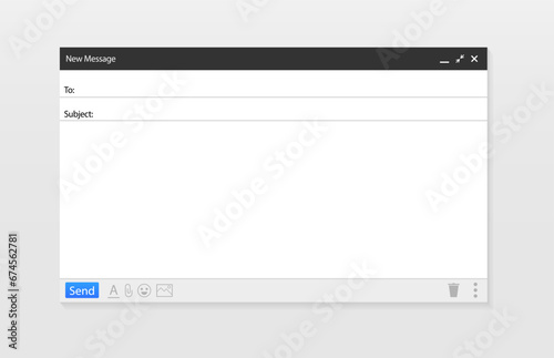 Blank email window, template. Email message window. Modern flat style. E-mail blank template internet mail frame interface. Vector illustration photo