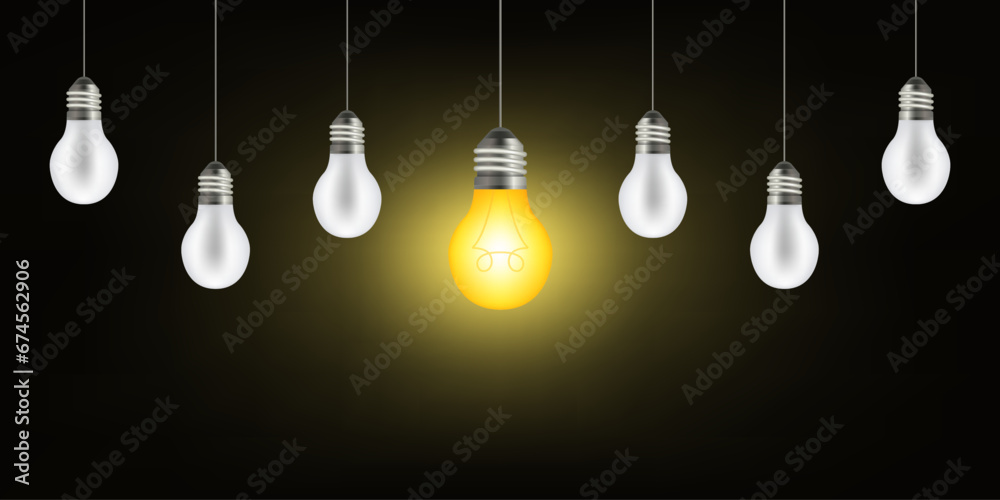 Set of pendant light bulbs with one luminous one. Trendy flat vector light bulb icon with idea concept on black background. Image idea for thinking concept. Vector illustration Set of pendant light bulbs with one luminous one. Trendy flat vector light bulb icon with idea concept on black background. Image idea for thinking concept. Vector illustration