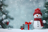 christmas tree decorations, santa claus with gifts, snowman in the snow, christmas gift boxes	