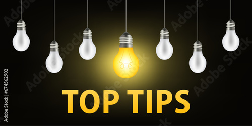 Top tips geometric message bubble with light bulb emblem. Banner design for business and advertising. Quick tips, tooltip, advice and idea for business and advertising. Vector illustrationWeb photo