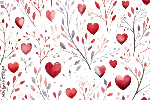 Red hearts and petals watercolor on white background, valentines day concept