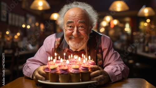 Happy Senior Enjoys Illuminated Birthday Cake with Burning Candles