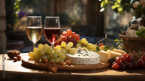 Perfect red and white wine in wine glasses, cheese assortment on a rustic table, grape vines garden, close up