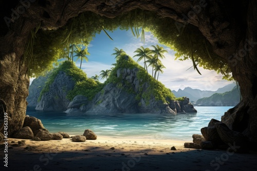 An island with palm trees and sand beach viewed from a cave.