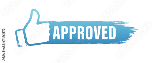 Approved flag label with thumb up icon. Featured product with logo for promotion. Vector illustration