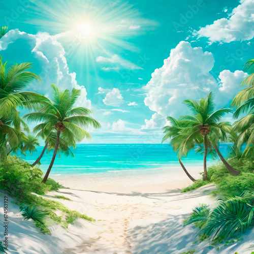 Tropical beach with palm trees  blue sky and white sand