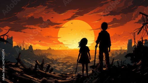 CHILDREN IN WAR. SILHOUETTE OF CHILDREN STANDING IN FRONT OF A RUINS.