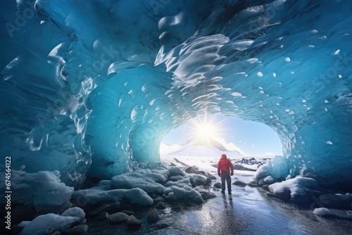 A man explore freezing ice covered cave. Winter seasonal concept.