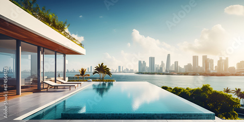 The Modern Infinity Pool With Breathtaking Cityscape Views  Contemporary Design Meets Skyline Views.Modern infinity pool with cityscape background generated AI 