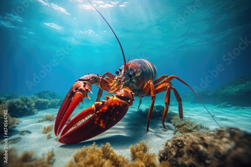 A lobster swimming underwater in tropical ocean.