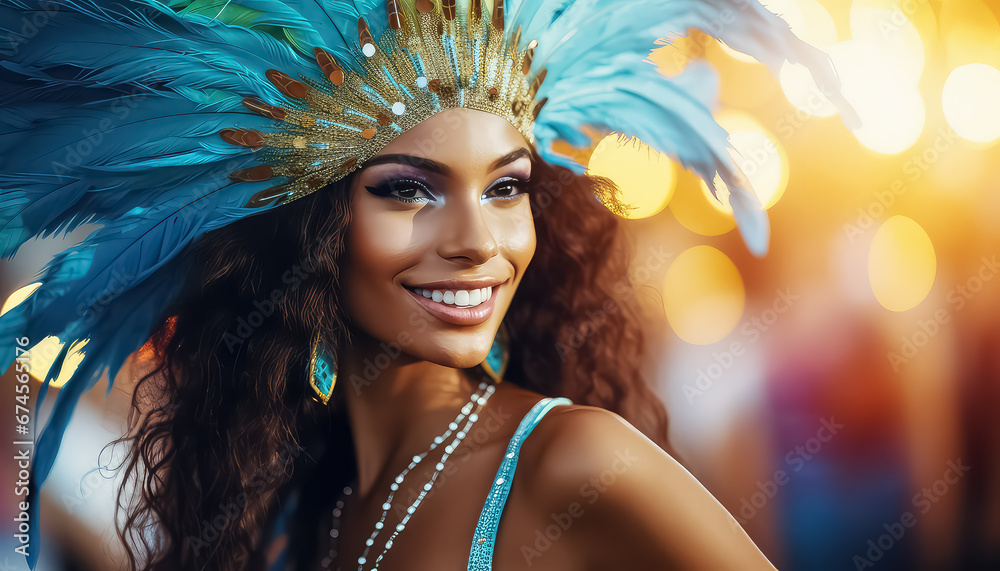 Woman with feathers on her head participating in a celebration ,concept carnival