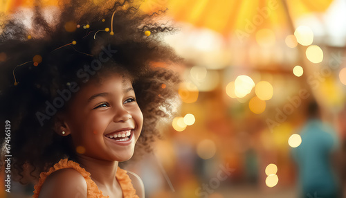 Dark-skinned happy girl smiling wide in amusement park ,concept carnival photo