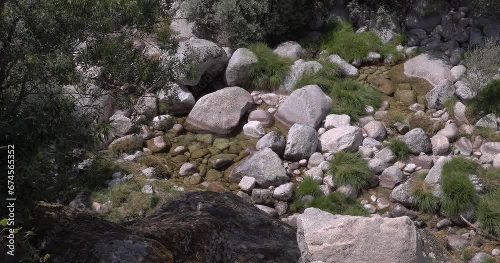 Stream filmed from above with rocks and vegetation in Serra da Estrela, Portugal. Stream filmed from above with rocks and vegetation in Serra da Estrela, Portugal.