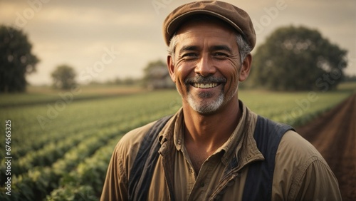 Close up high resolution image of happy traditional farmer. Generative AI. photo
