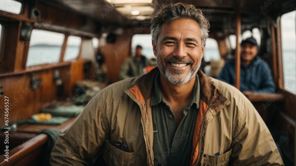Close up high resolution image of a happy fisherman in a traditional fishing boat. Generative AI. Close up high resolution image of a happy fisherman in a traditional fishing boat. Generative AI.