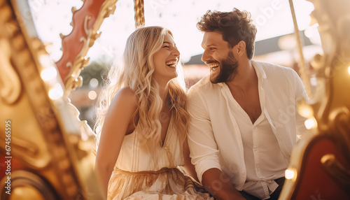 Couple in love spending a holiday in an amusement park ,concept carnival