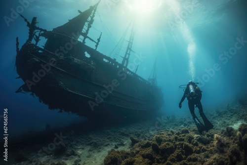 A diver explore a ship wreck underwater at the bottom of the sea.