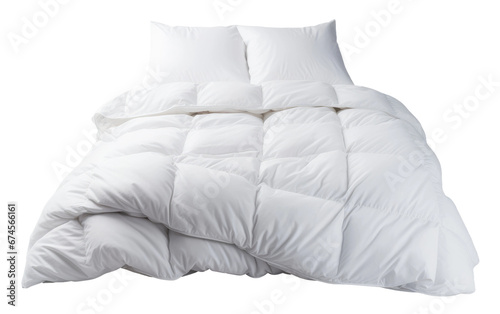 Stunning White Bed and Pillow Comforter Isolated on Transparent Background PNG.