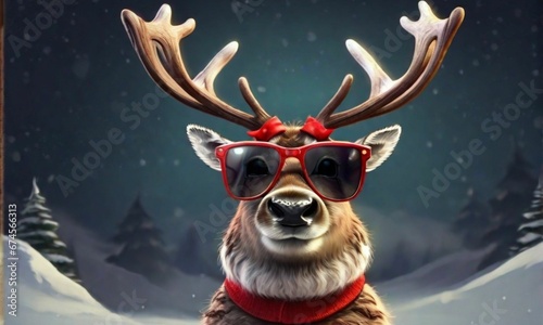 Rudolph the Reindeer Strikes a Cool Pose with Sunglasses in a Festive Merry Christmas Banner