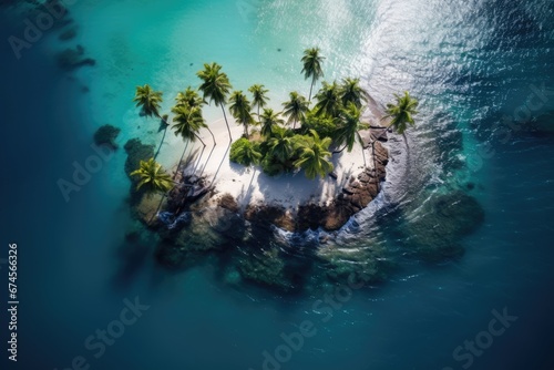 Aerial view of a beautiful small island with sand beach and palm trees.