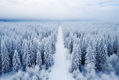 Aerial view of a highway through Winter forest covered with snow. Winter seasonal concept. © rabbit75_fot