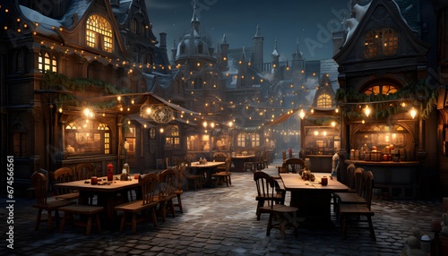 Street cafe in the old town of Lviv at night, Ukraine photo
