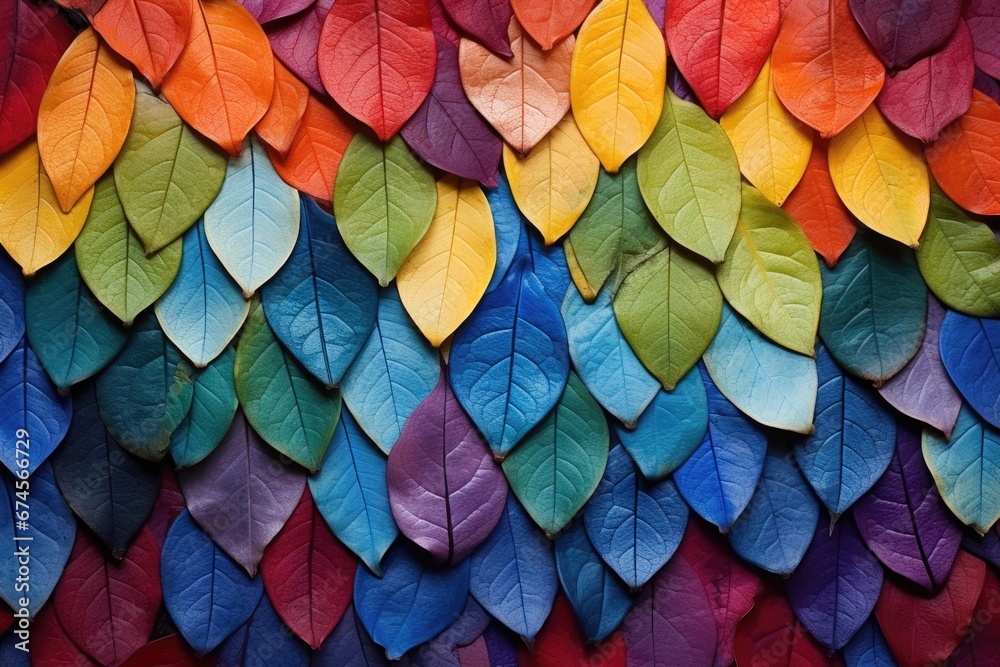 Background with colorful autumn plant leaves. Pattern with fresh tropical red, orange and blue leaves. Trendy nature decor design. Flat lay, top view with copy cpase Background with colorful autumn plant leaves. Pattern with fresh tropical red, orange and blue leaves. Trendy nature decor design. Flat lay, top view with copy cpase