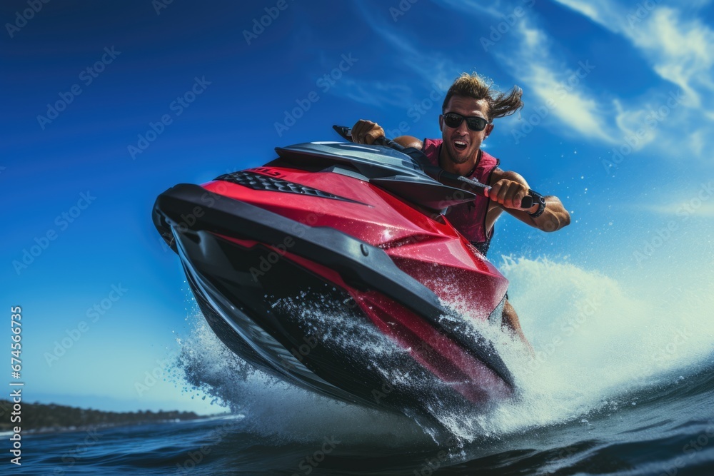 Fototapeta premium Close-up view of a man riding on jet ski in sea with water splash in air. Dynamics. Beach sports. Summer tropical vacation concept.