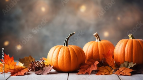 Fall background  orange pumpkins and fall leaves on a light surface  copy space  16 9