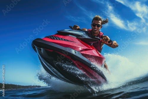 Close-up view of a man riding on jet ski in sea with water splash in air. Dynamics. Beach sports. Summer tropical vacation concept. © rabbit75_fot