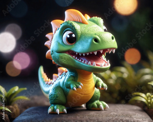 cute little dinosaur on a blurred background with bokeh. Generated AI