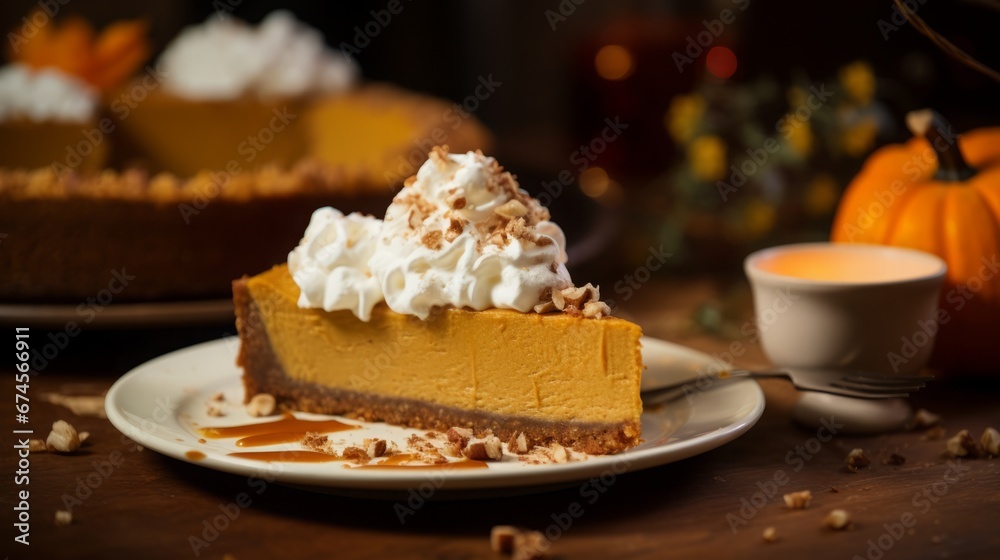 Pumpkin cheesecake with fall spices topped with whipped cream, copy space, 16:9 Pumpkin cheesecake with fall spices topped with whipped cream, copy space, 16:9