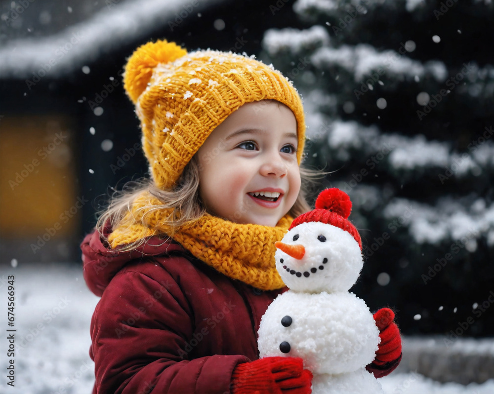 little girl in a knitted hat rejoices at the first snow, Christmas mood New Year's background. Generated AI little girl in a knitted hat rejoices at the first snow, Christmas mood New Year's background. Generated AI