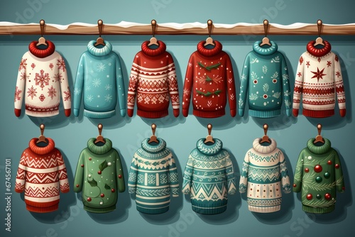 Watercolor illustration Christmas of colorful different knitted sweater on hangers clothing store. Ugly sweater Day.