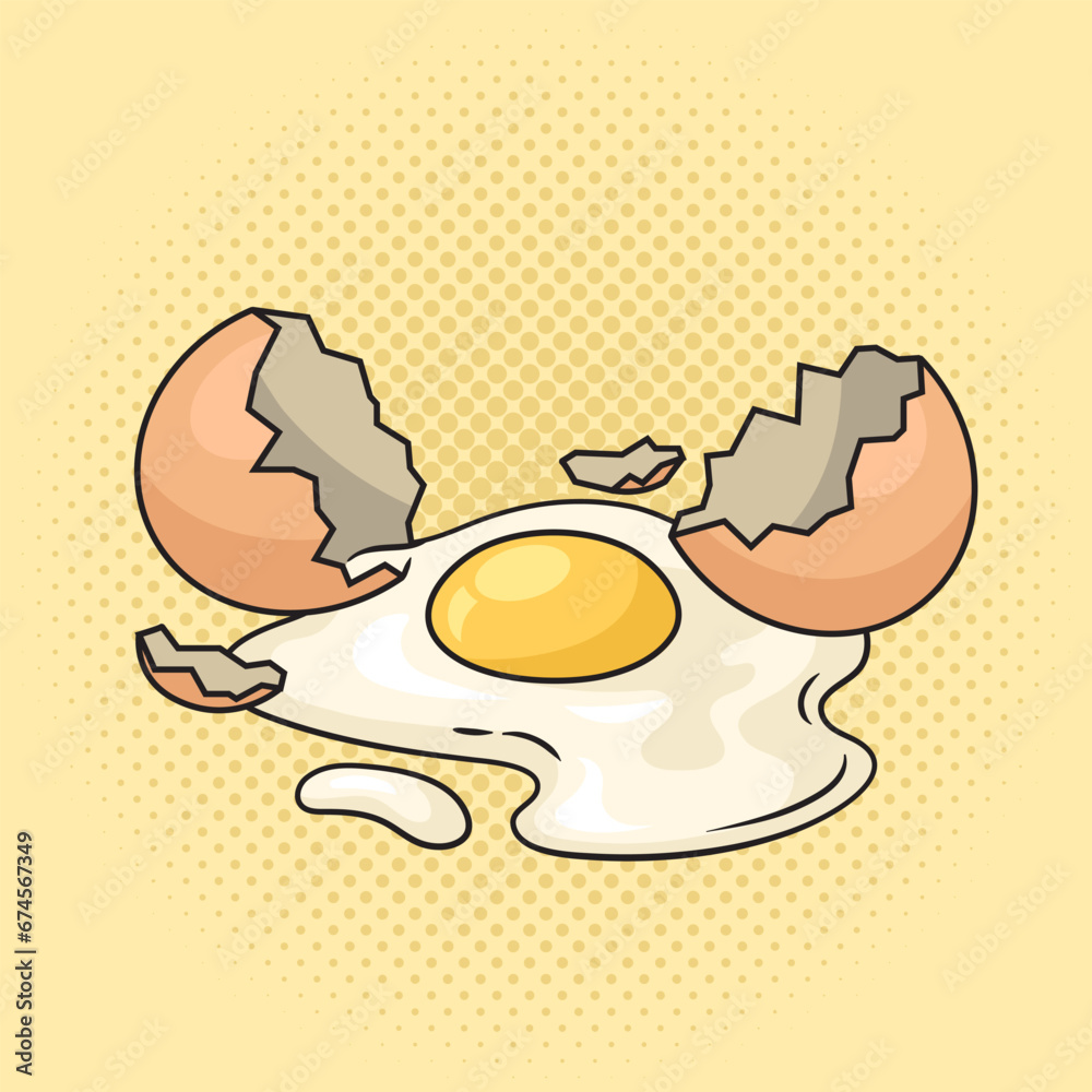 Obraz premium Broken chicken egg pinup pop art retro hand drawn vector illustration. Comic book style imitation.