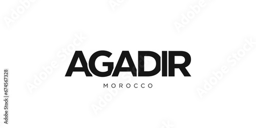 Agadir in the Morocco emblem. The design features a geometric style, vector illustration with bold typography in a modern font. The graphic slogan lettering.