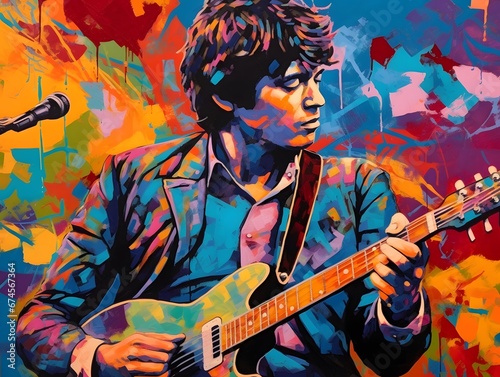 Digital painting of a man playing the guitar on a colorful background.