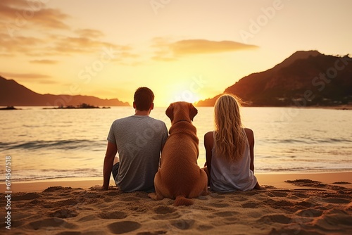 A dog and a young couple sit together at sand beach watching beautiful sunset