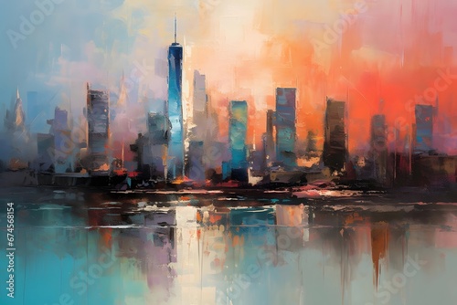Digital painting of a panoramic view of the city of Shanghai