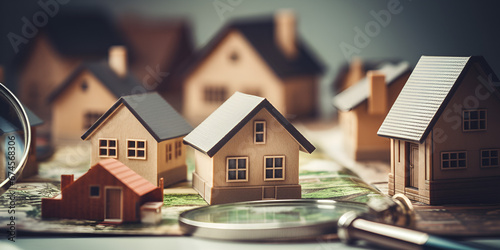 Hand holding magnifying glass and looking at house model house selection real estate concept Collage with a magnifying glass and paper houses on hand real estate search concept Ai Generative