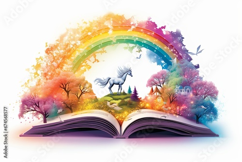 Opened magical book with rainbow, unicorn and nature. Watercolor art