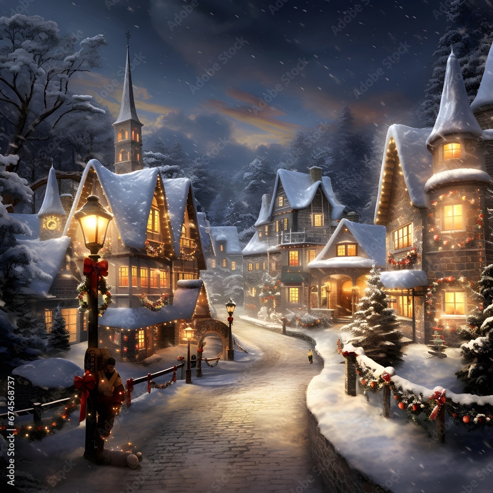 Digital painting of a winter night in the village with christmas decorations