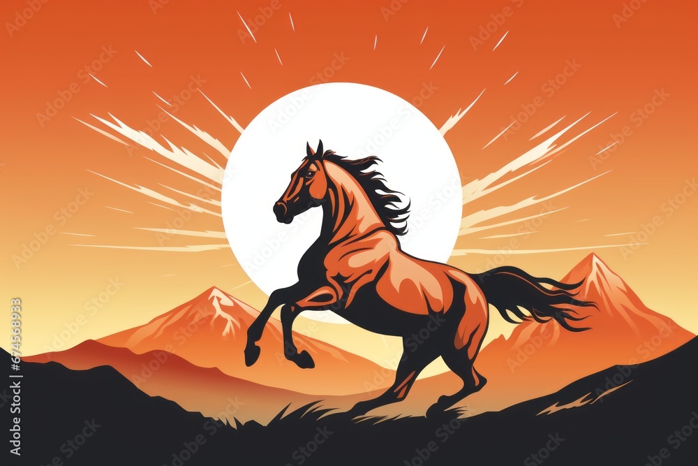 Running stallion logo containing mountains landscape Running stallion logo containing mountains landscape