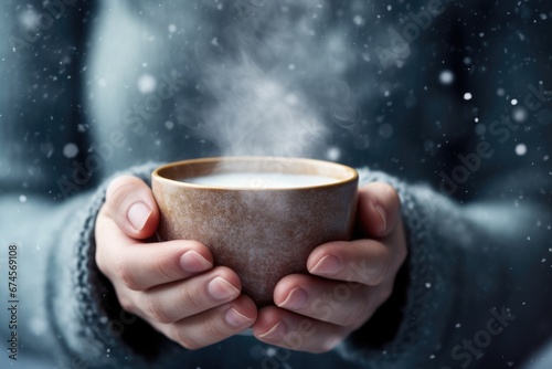 A person holding a cup of hot soup in freezing cold snow field. Winter seasonal concept.