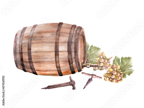Wine barrel and winemaking accessories, corkscrew, taps, bunches of grapes, grapevine. Watercolor hand draw Illustration isolated on white background for your label winemaking print, menu, wine list.