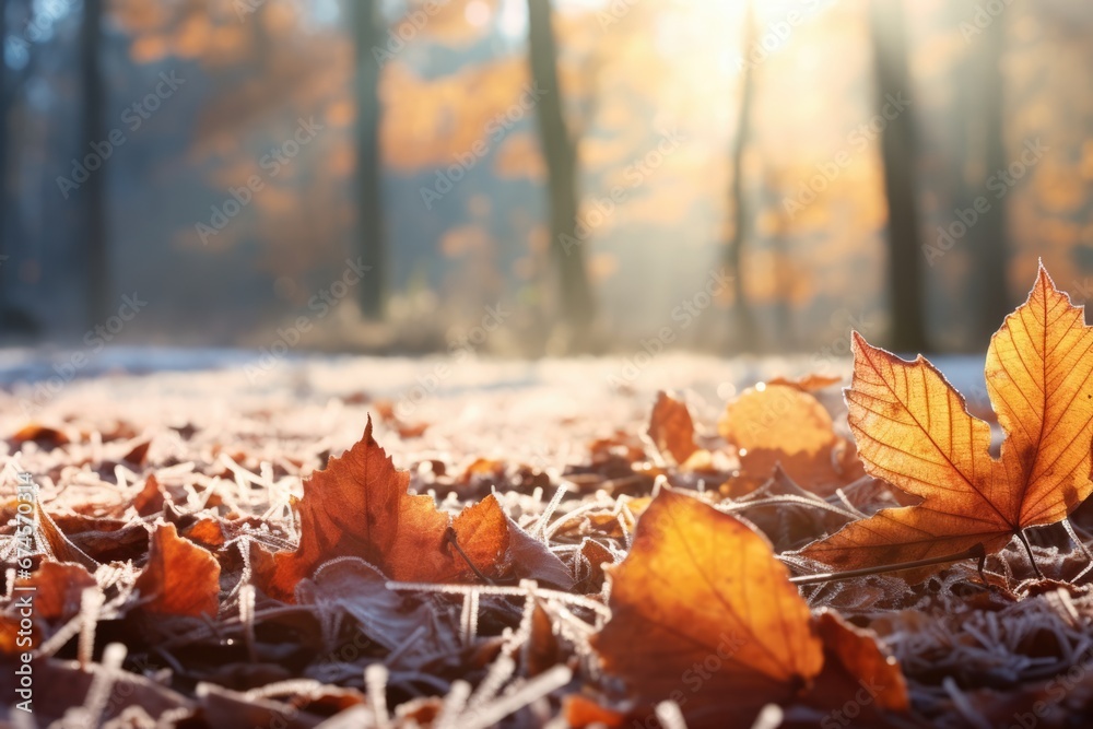 Close-up view of colorful leaves covered by frost in morning in Autumn woods with beautiful Fall foliage colors. Autumn seasonal concept.