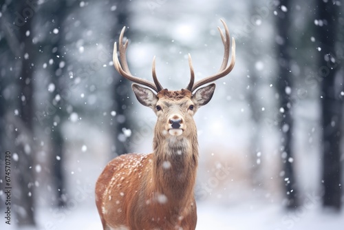 Male deer with antlers stand in forest in Winter with snow. © rabbit75_fot