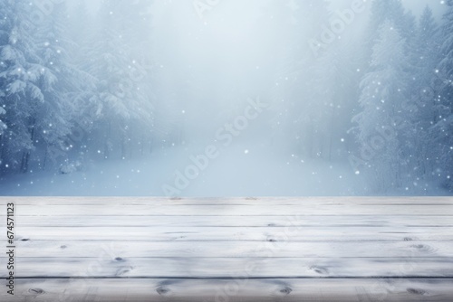 Wood table and freezing snowing forest winter background. Winter seasonal concept.
