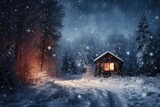 A cabin at night in winter forest covered by heavy snow and ice. Winter seasonal concept.