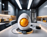 robot in the form of an egg with a yolk instead of a head  in a futuristic  kitchen environment. Generated AI